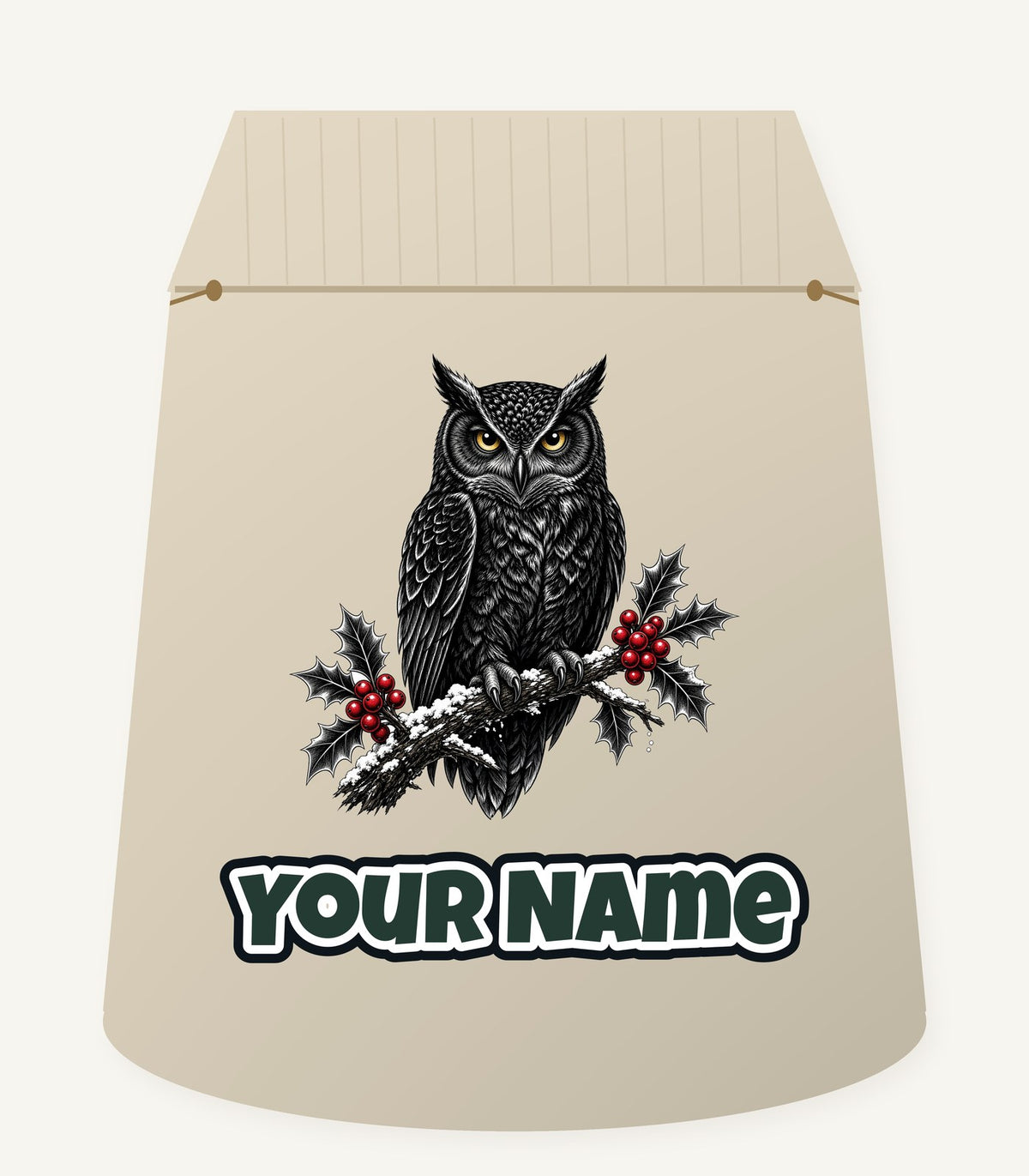 Black Owl On Holly Branch Personalised Santa Sack