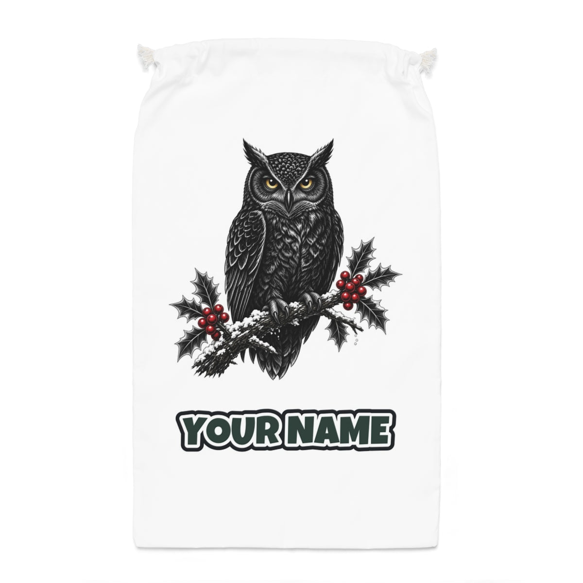 Black Owl On Holly Branch Santa sack laid flat, showing the full print