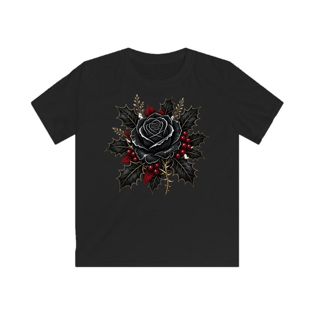 Black Rose With Holly personalised kids Christmas tee in black