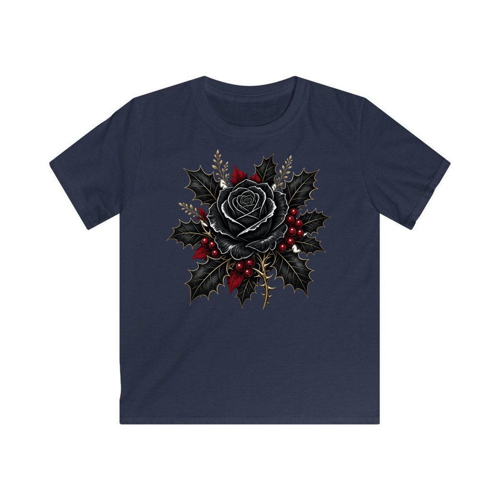 Black Rose With Holly personalised kids Christmas tee in navy