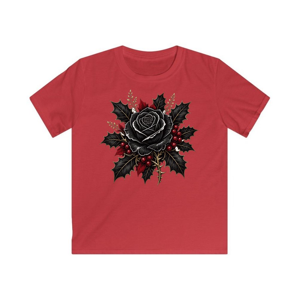 Black Rose With Holly personalised kids Christmas tee in red