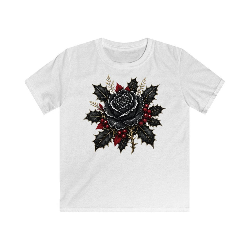Black Rose With Holly personalised kids Christmas tee in white