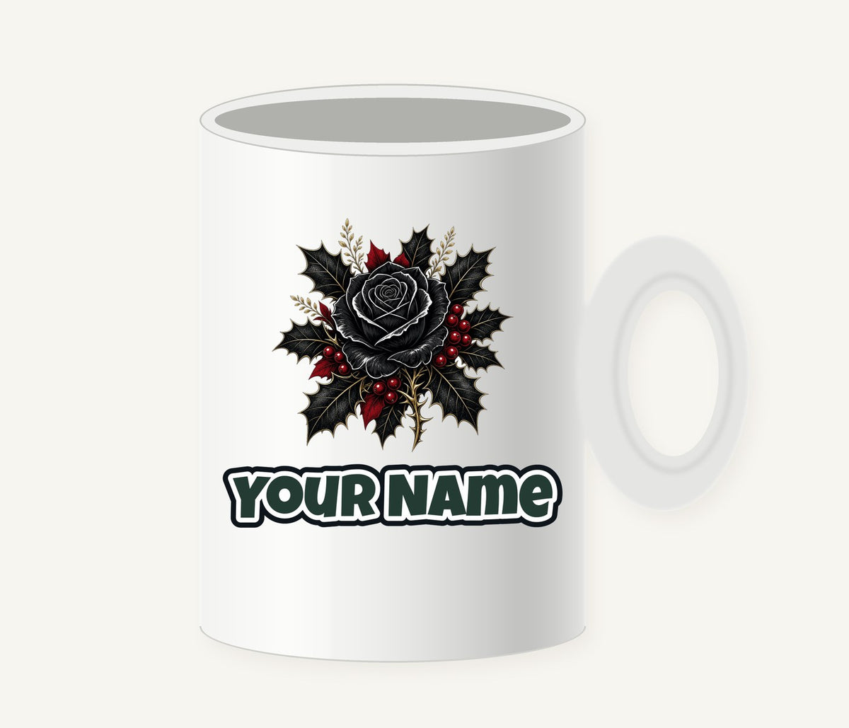 Black Rose With Holly Personalised Christmas Mug
