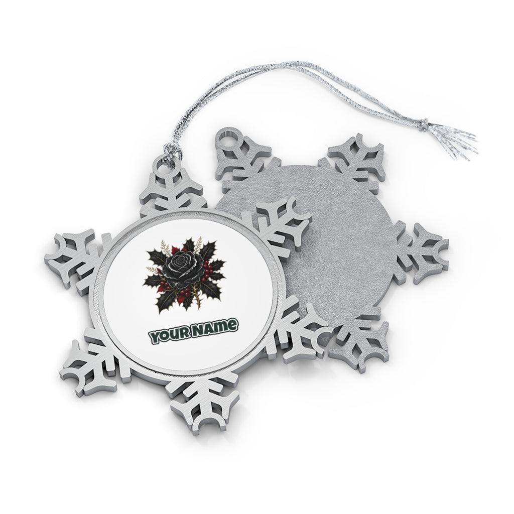 Black Rose With Holly Personalised Pewter Christmas Ornament