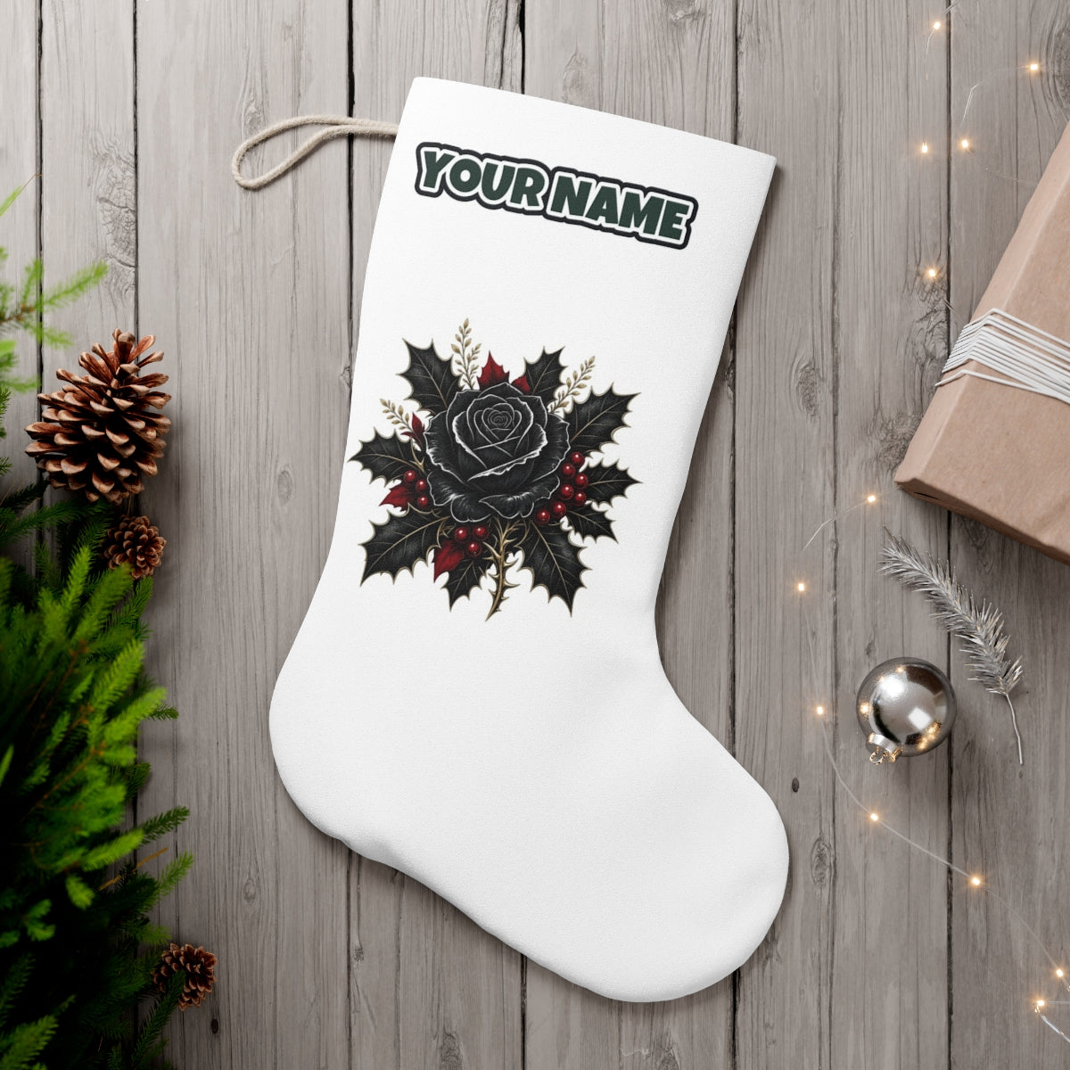 Black Rose With Holly personalised Christmas stocking, white, with the name across the top