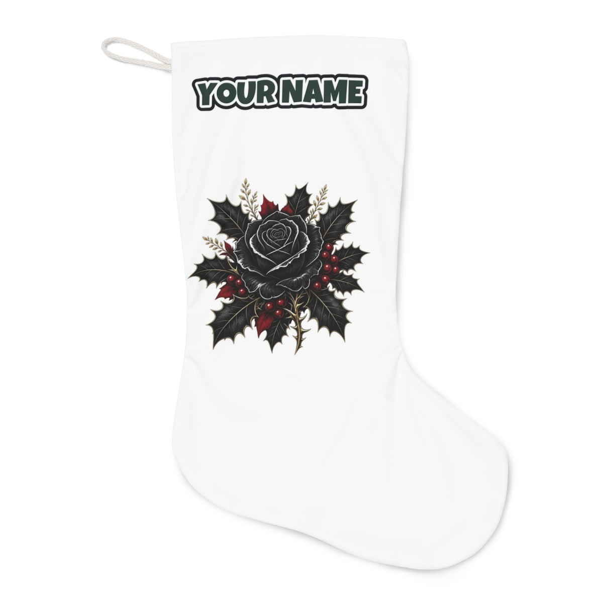 Black Rose With Holly Christmas stocking laid flat, showing the full print