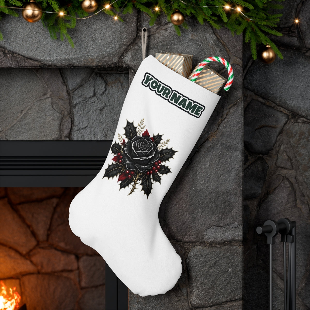 Black Rose With Holly personalised Christmas stocking hanging on a mantel