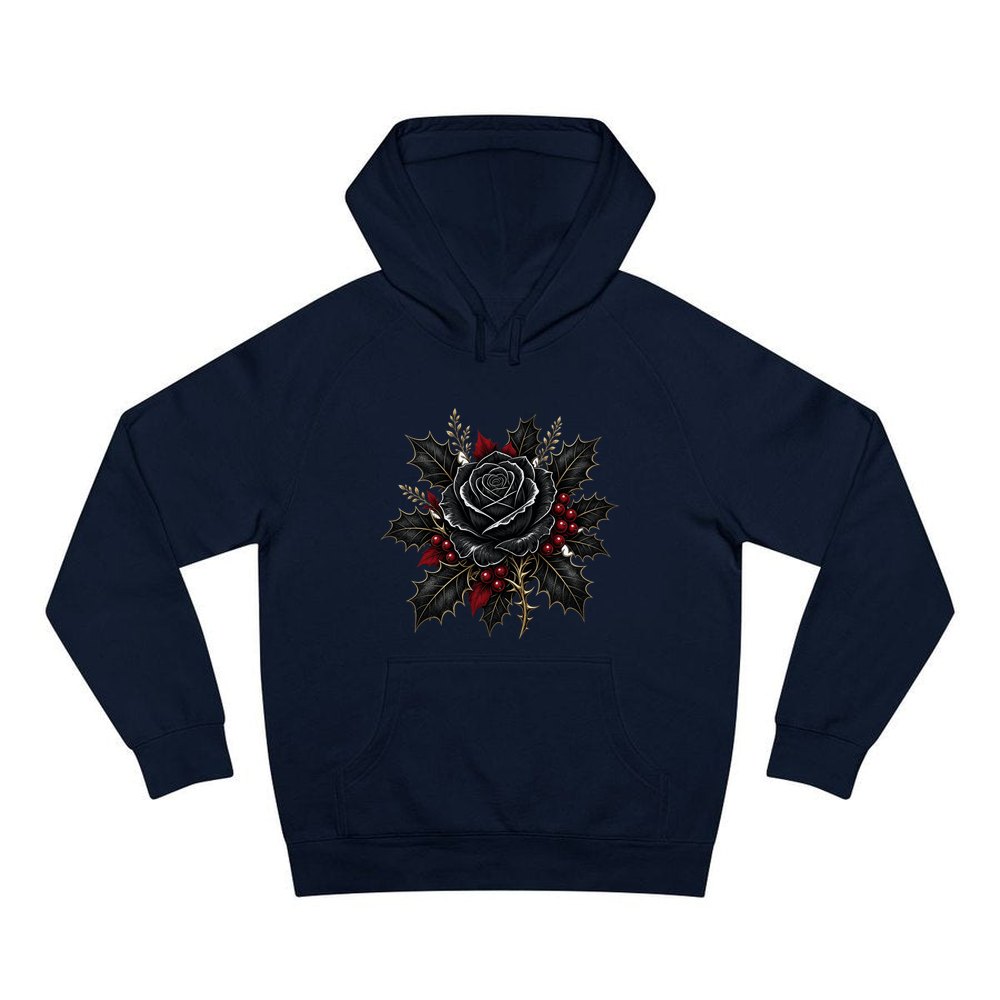 Black Rose With Holly personalised Christmas hoodie in navy