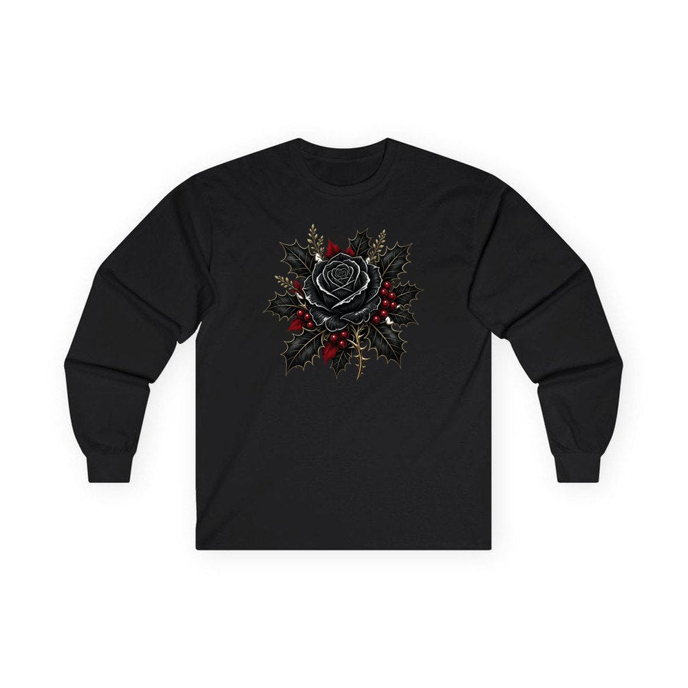 Black Rose With Holly personalised long sleeve Christmas T-shirt in black