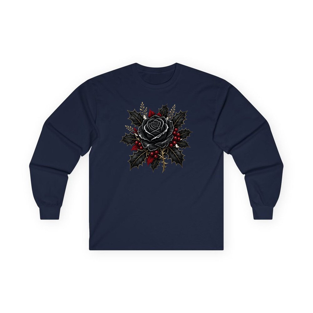 Black Rose With Holly personalised long sleeve Christmas T-shirt in navy