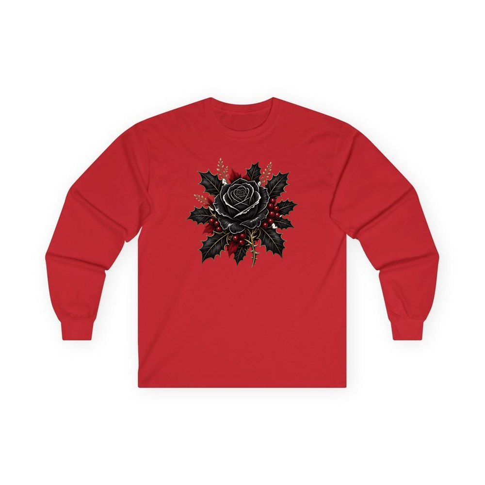 Black Rose With Holly personalised long sleeve Christmas T-shirt in red