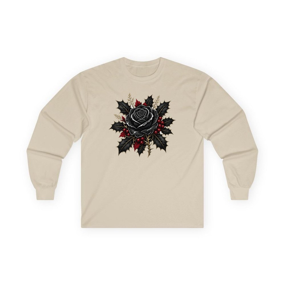 Black Rose With Holly personalised long sleeve Christmas T-shirt in sand