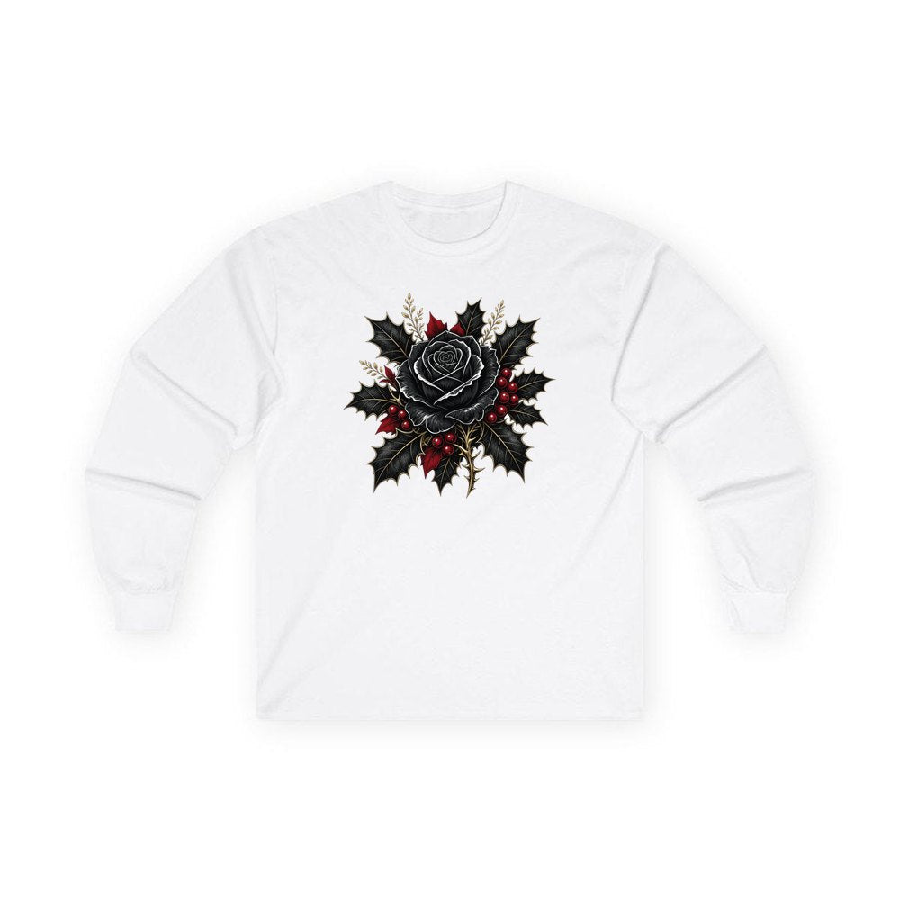 Black Rose With Holly personalised long sleeve Christmas T-shirt in white