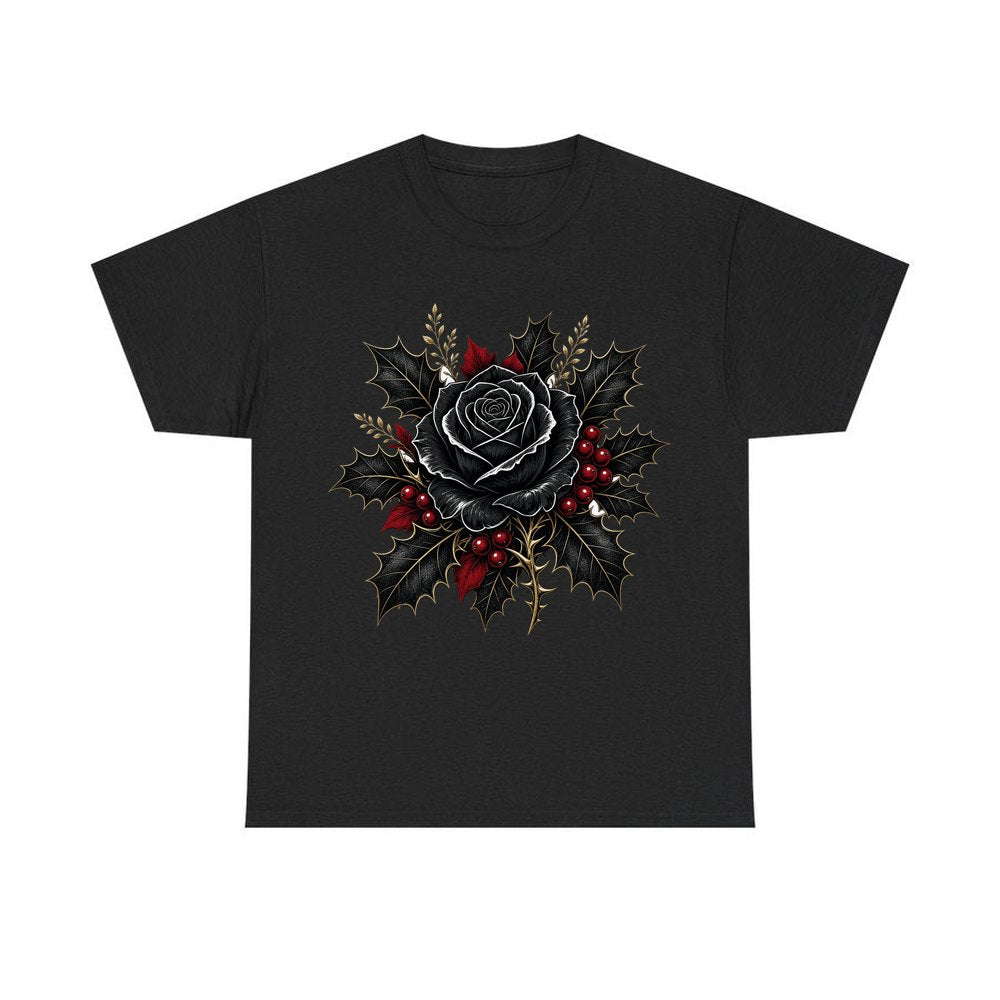 Black Rose With Holly personalised Christmas T-shirt in black