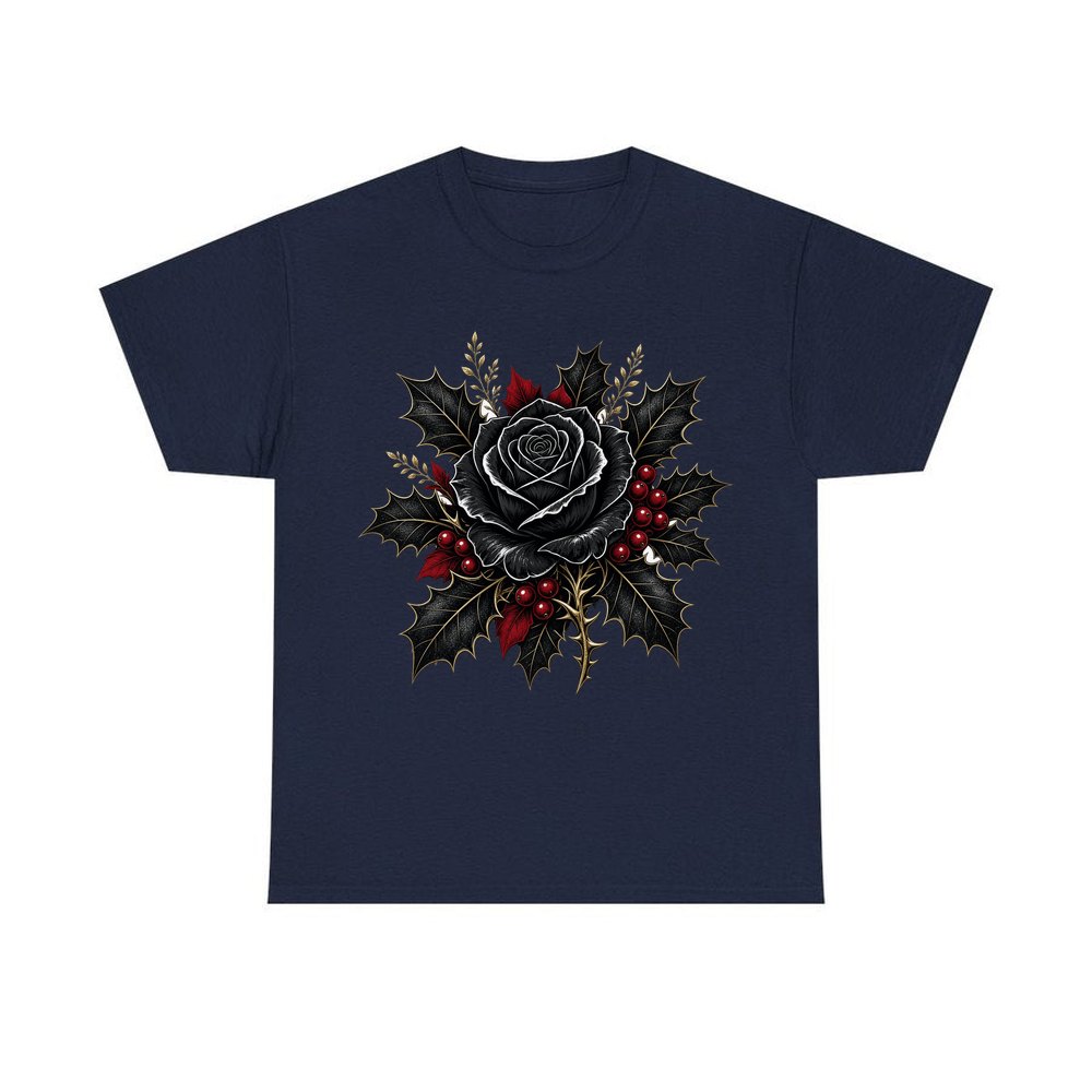 Black Rose With Holly personalised Christmas T-shirt in navy