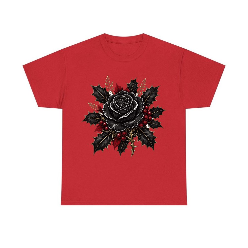 Black Rose With Holly personalised Christmas T-shirt in red