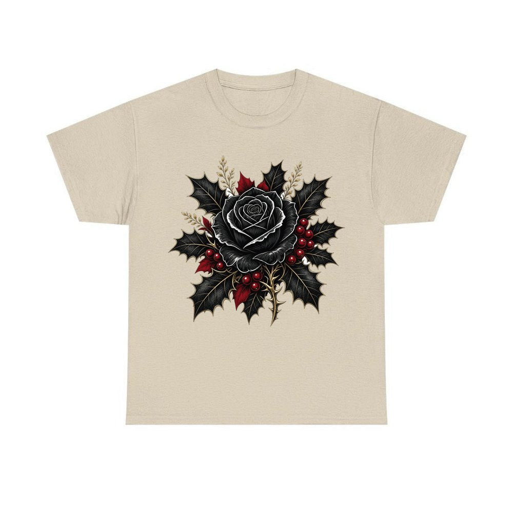 Black Rose With Holly personalised Christmas T-shirt in sand