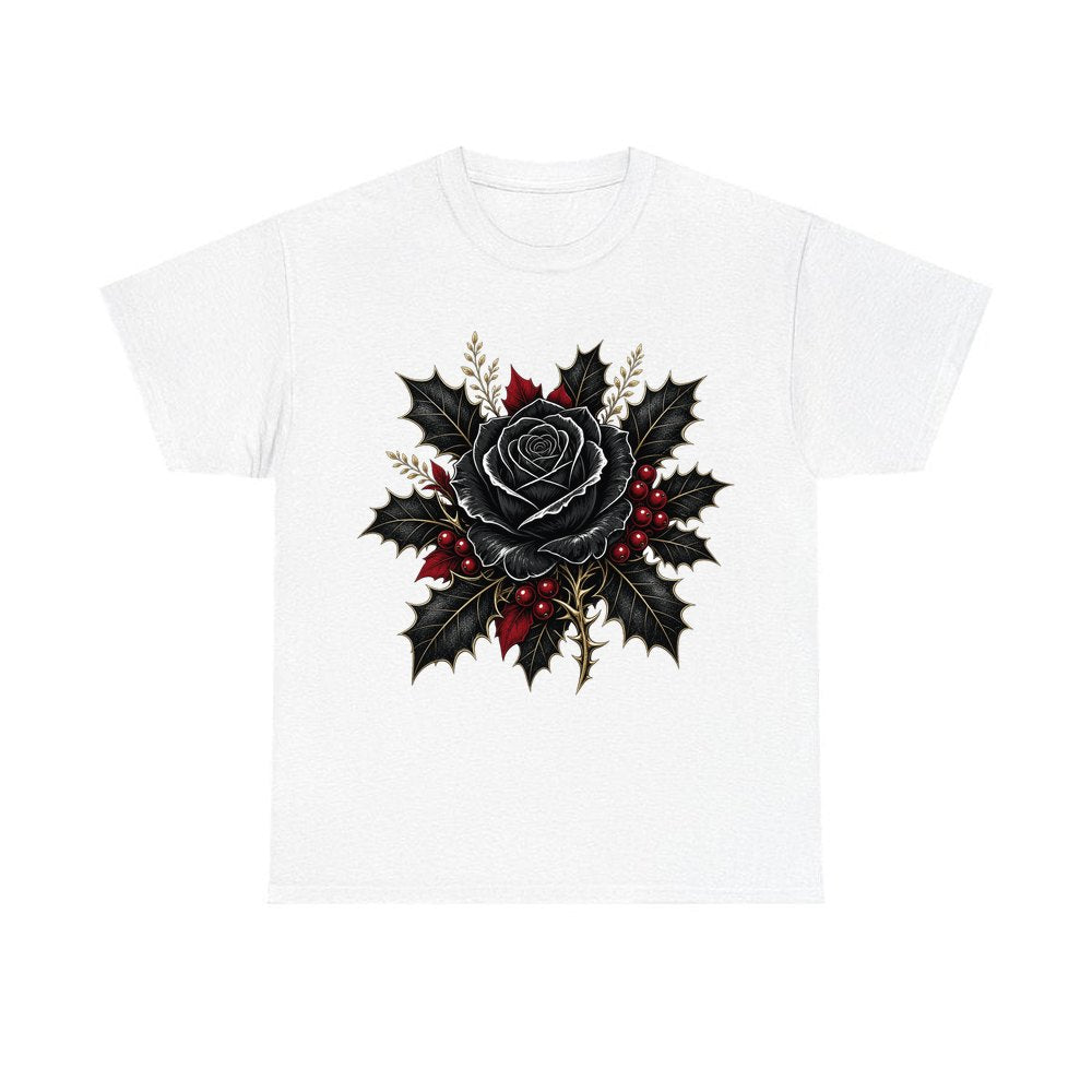 Black Rose With Holly personalised Christmas T-shirt in white