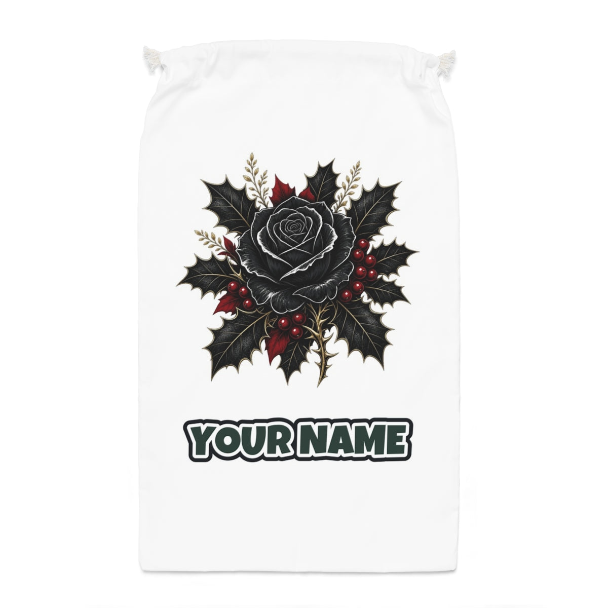 Black Rose With Holly Santa sack laid flat, showing the full print