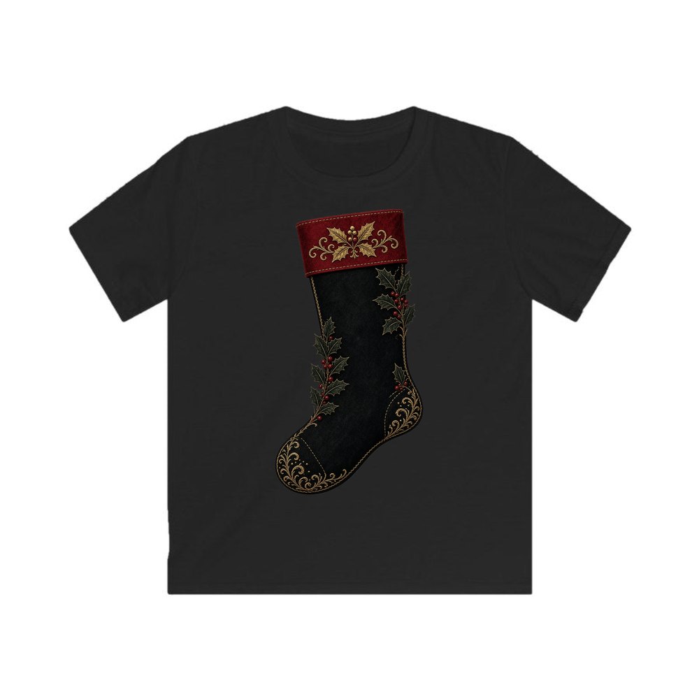 Black Velvet Holly Stocking personalised kids Christmas tee in black
