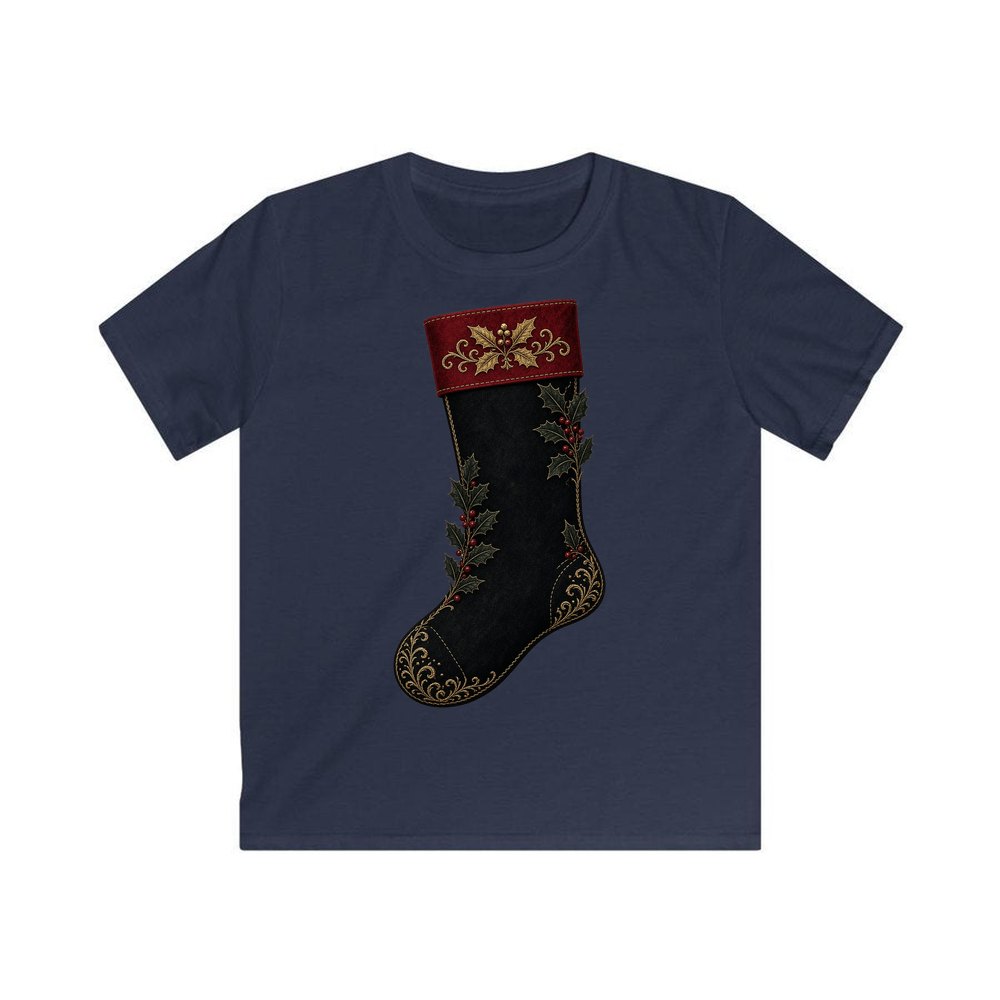 Black Velvet Holly Stocking personalised kids Christmas tee in navy
