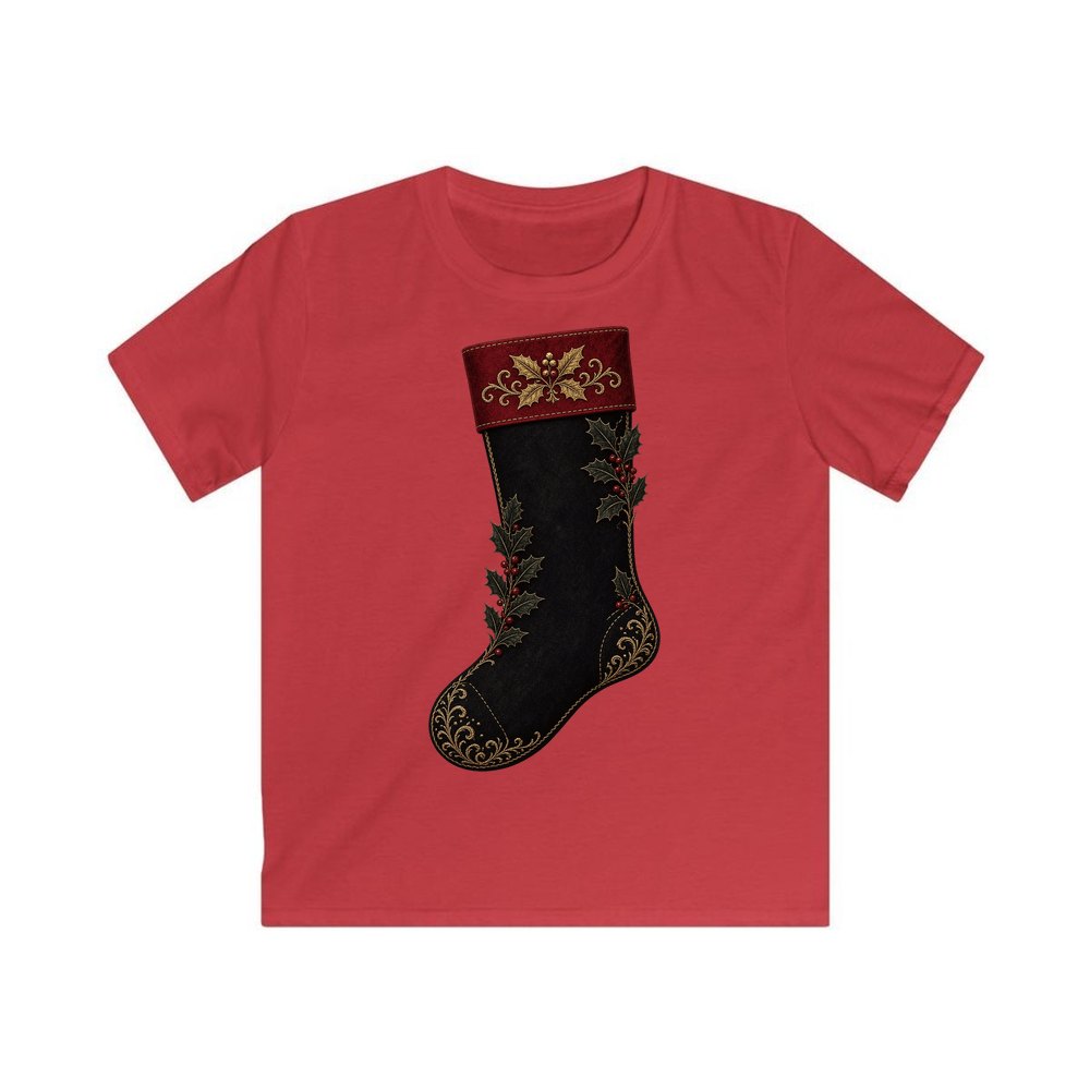 Black Velvet Holly Stocking personalised kids Christmas tee in red