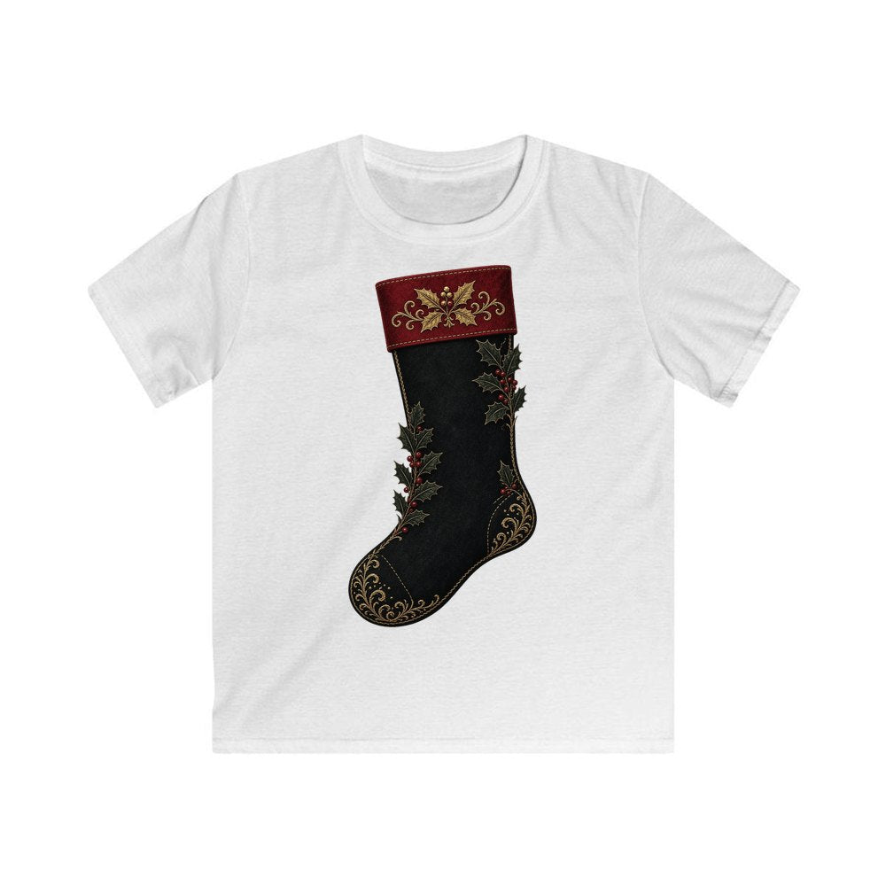 Black Velvet Holly Stocking personalised kids Christmas tee in white