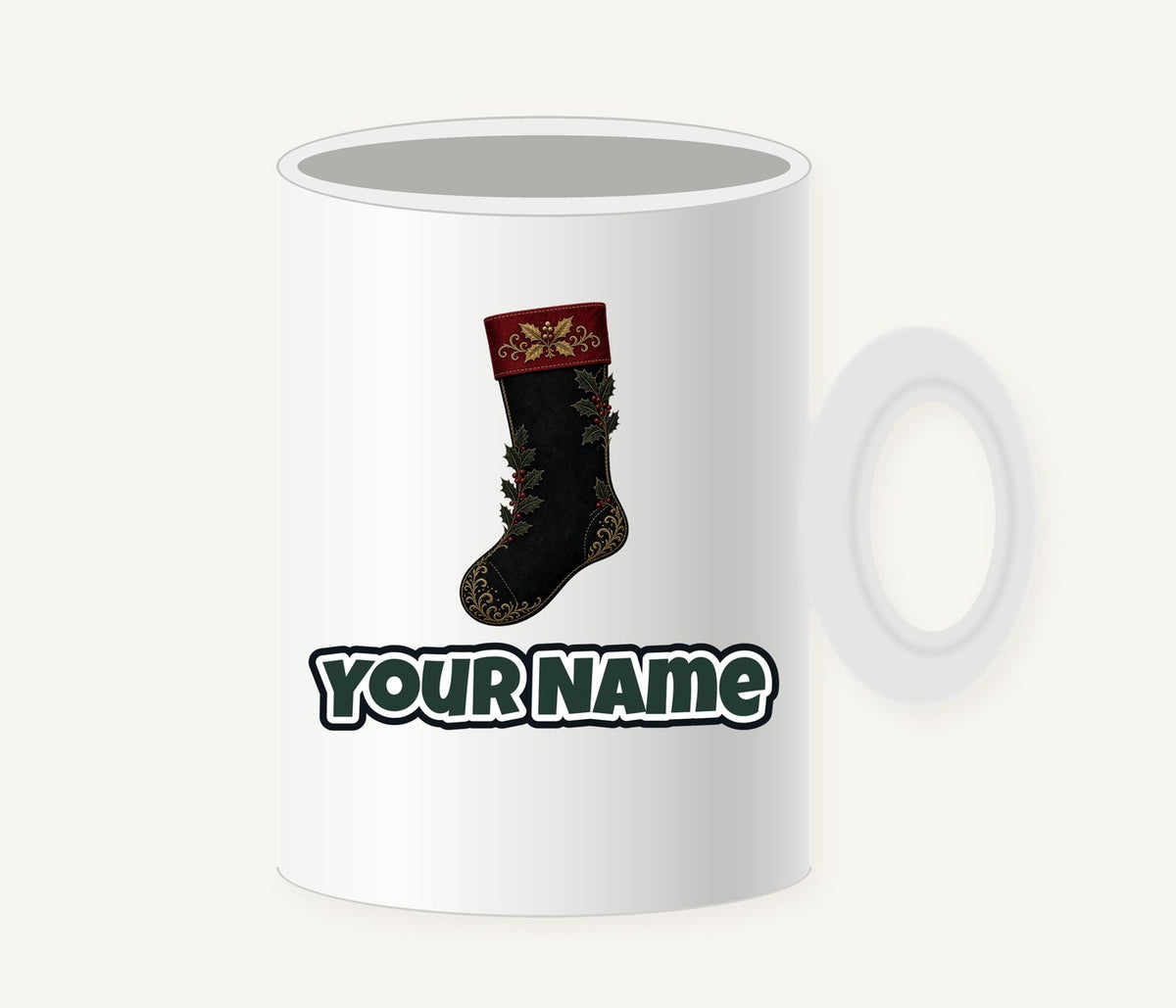 Black Velvet Holly Stocking Personalised Christmas Mug