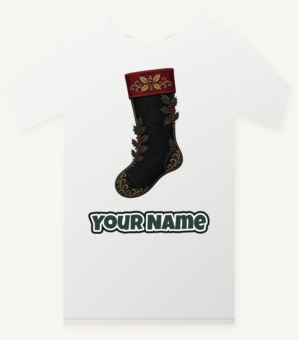 Black Velvet Holly Stocking Personalised Christmas T-Shirt and Hoodie