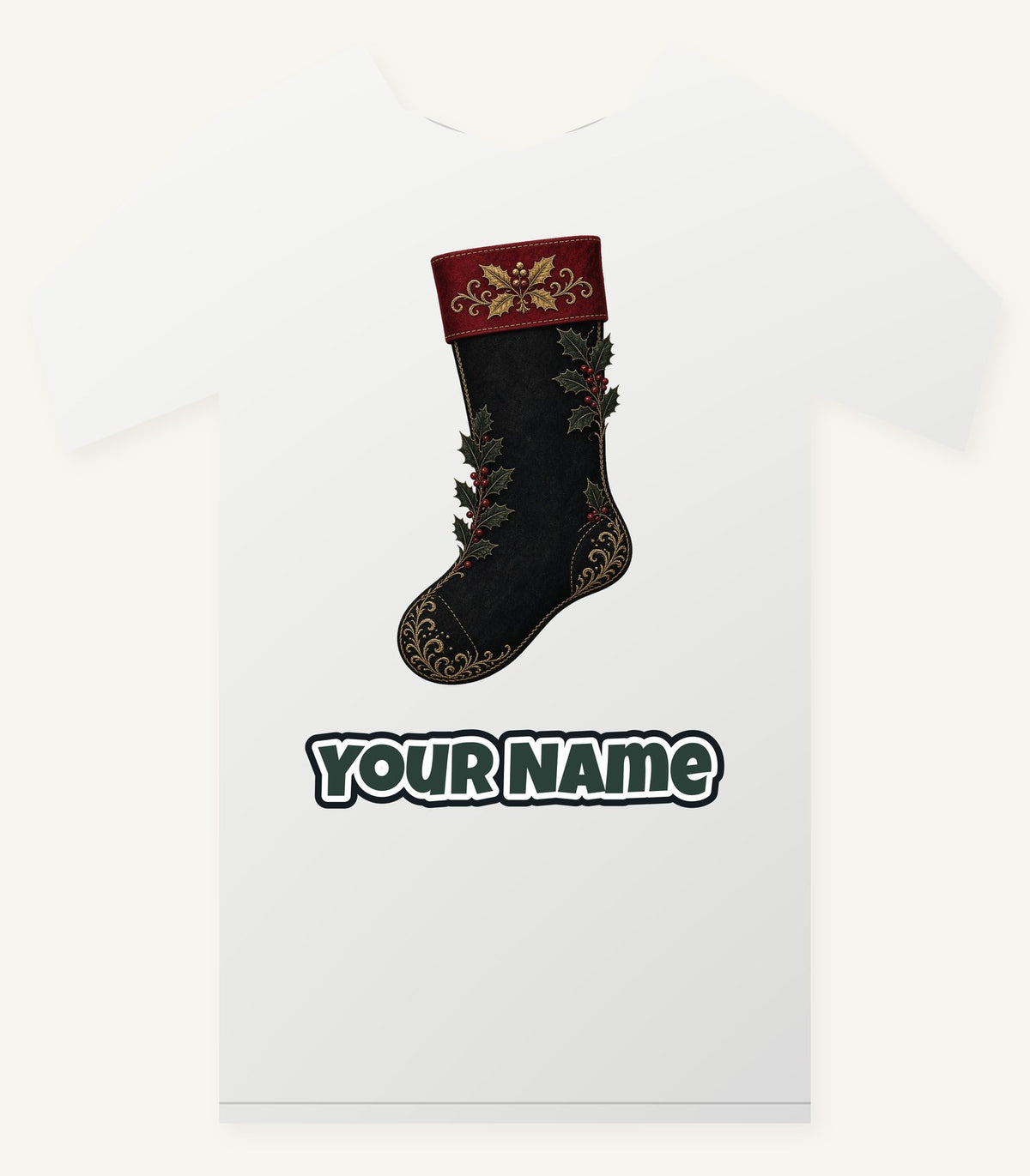 Black Velvet Holly Stocking Personalised Christmas T-Shirt and Hoodie