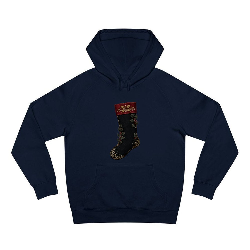 Black Velvet Holly Stocking personalised Christmas hoodie in navy