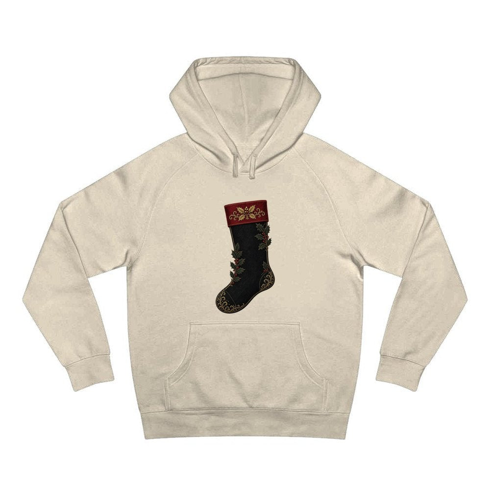 Black Velvet Holly Stocking personalised Christmas hoodie in sand