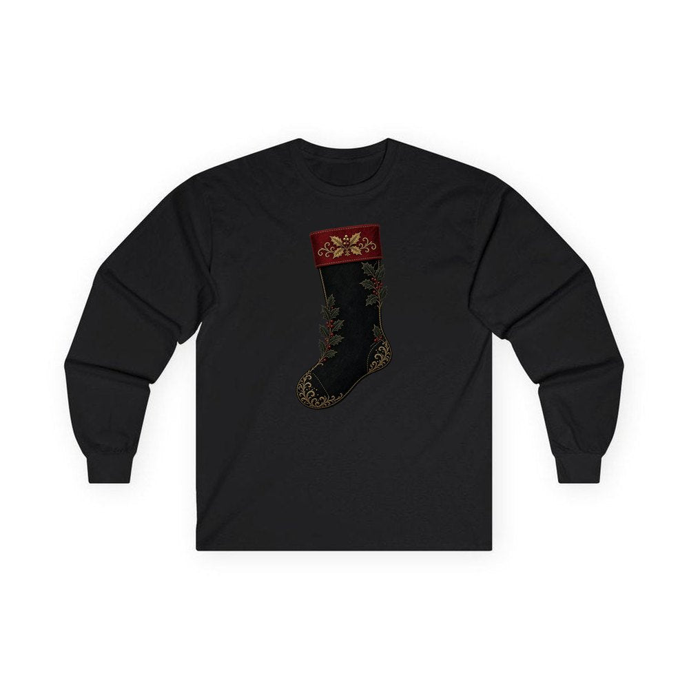 Black Velvet Holly Stocking personalised long sleeve Christmas T-shirt in black