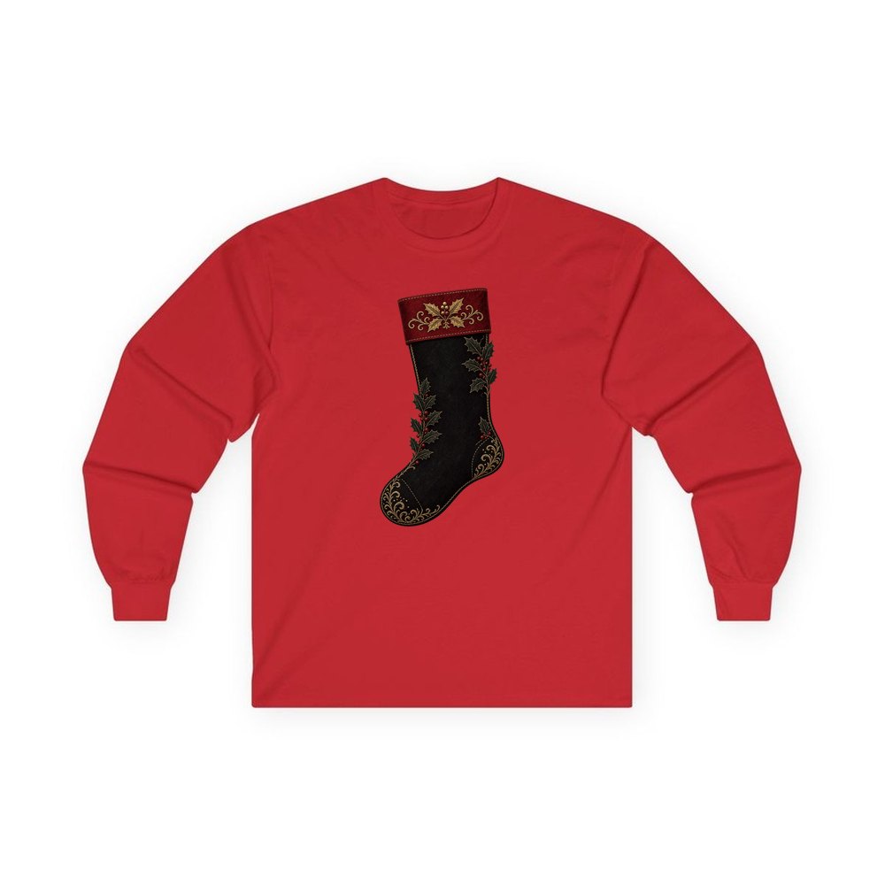 Black Velvet Holly Stocking personalised long sleeve Christmas T-shirt in red