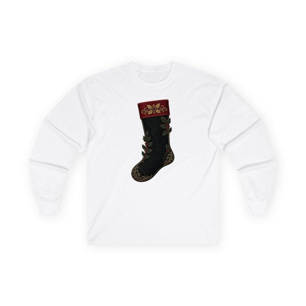 Black Velvet Holly Stocking personalised long sleeve Christmas T-shirt in white