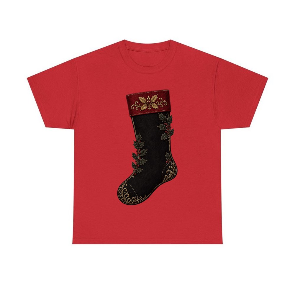 Black Velvet Holly Stocking personalised Christmas T-shirt in red