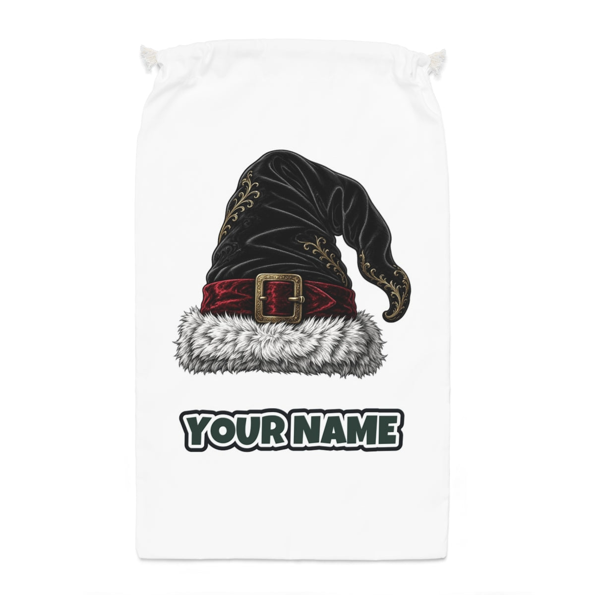 Black Velvet Santa Hat Santa sack laid flat, showing the full print