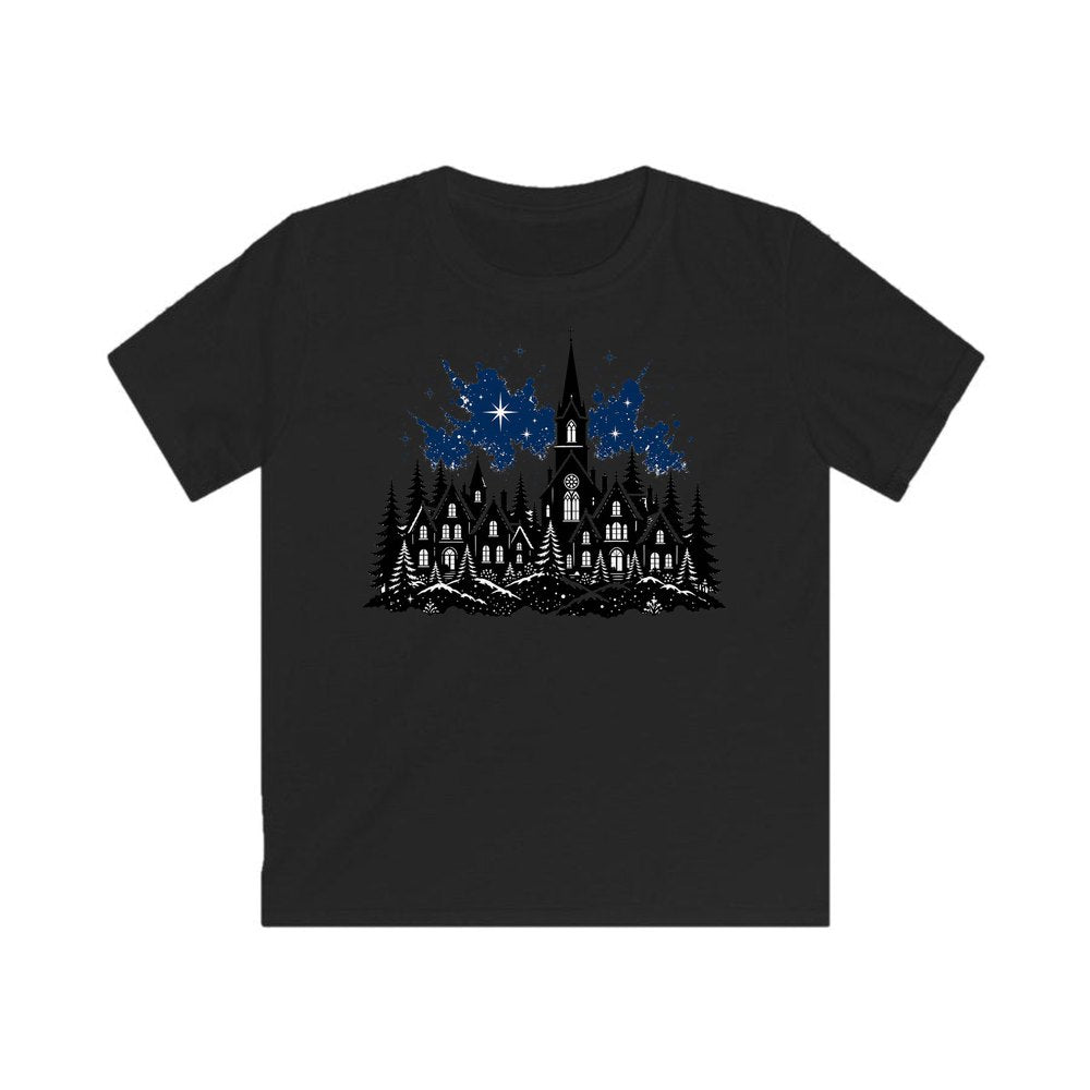 Black Village Church Silhouette personalised kids Christmas tee in black