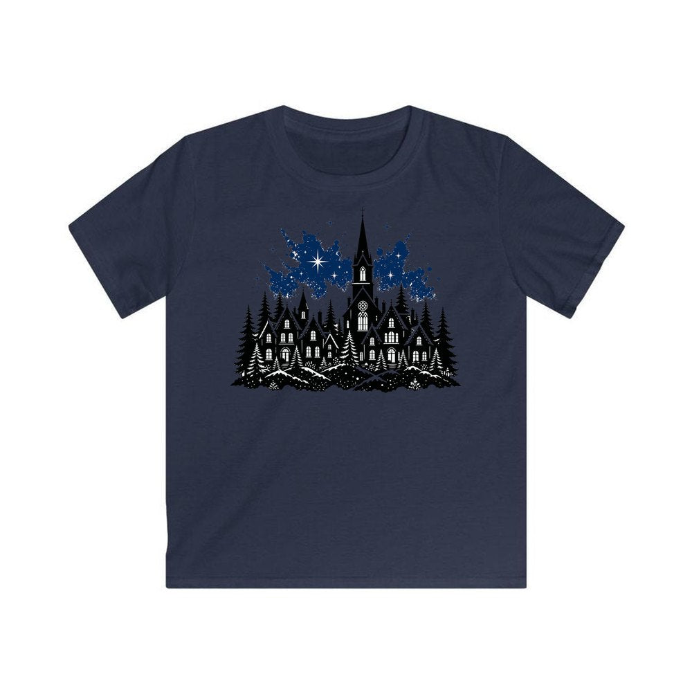 Black Village Church Silhouette personalised kids Christmas tee in navy