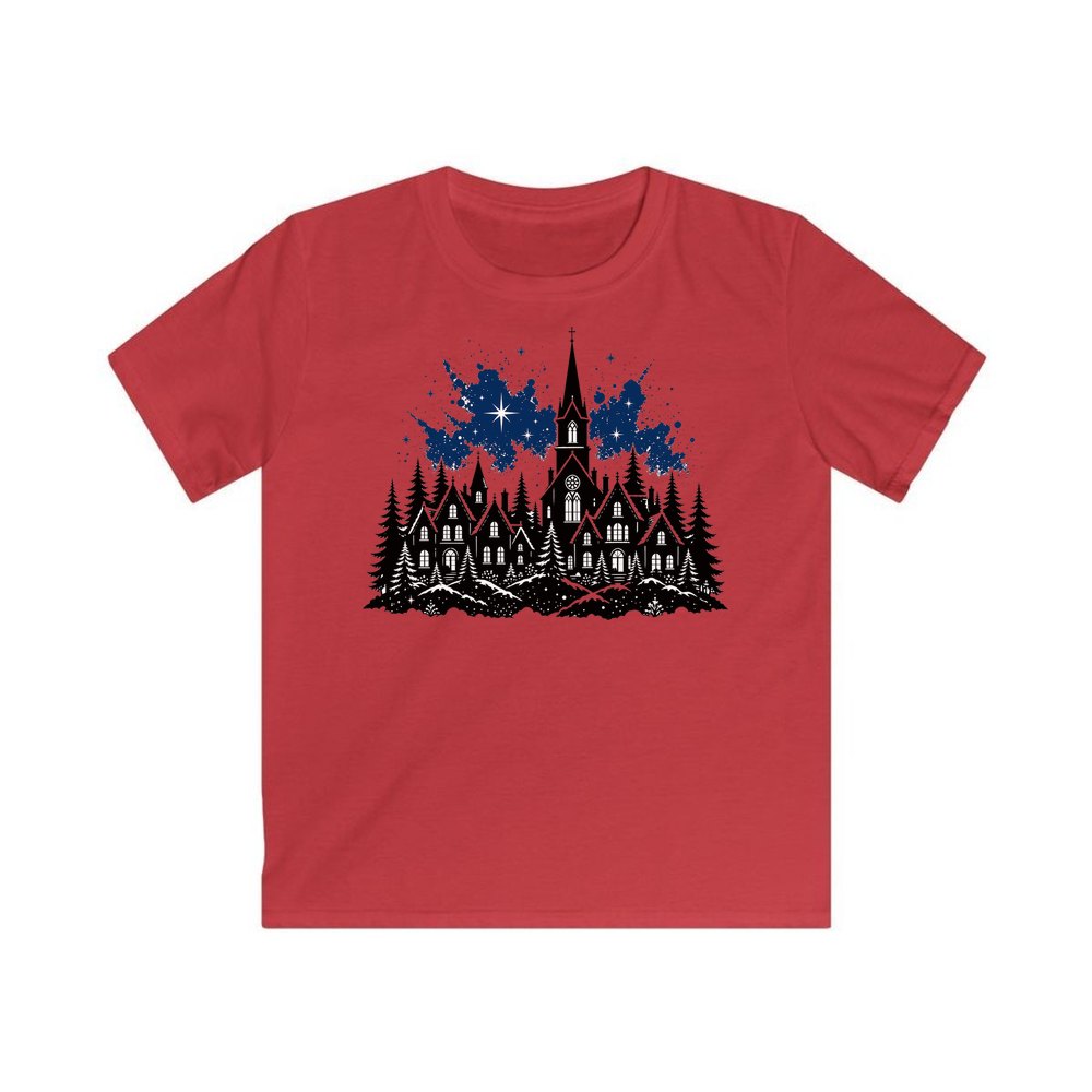 Black Village Church Silhouette personalised kids Christmas tee in red