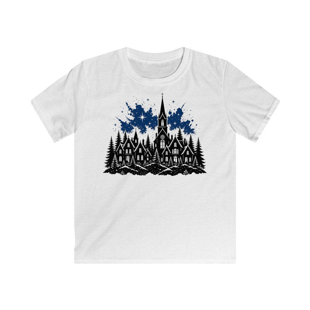 Black Village Church Silhouette personalised kids Christmas tee in white