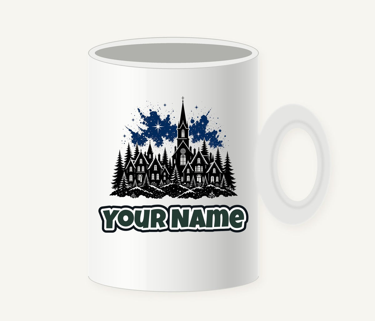 Black Village Church Silhouette Personalised Christmas Mug