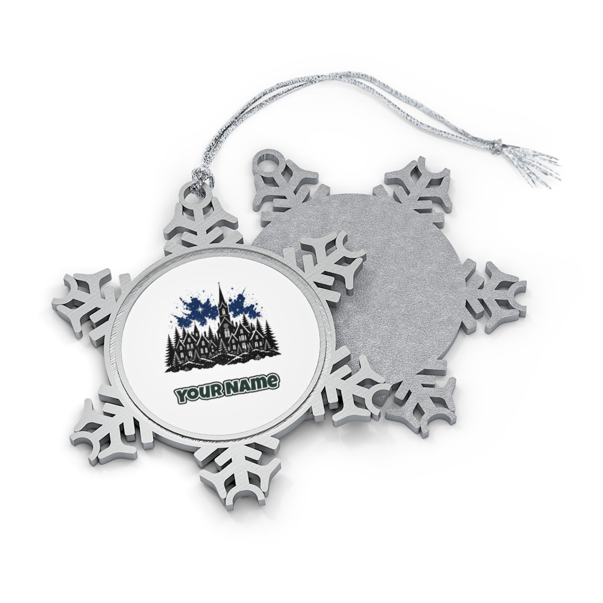 Black Village Church Silhouette Personalised Pewter Christmas Ornament