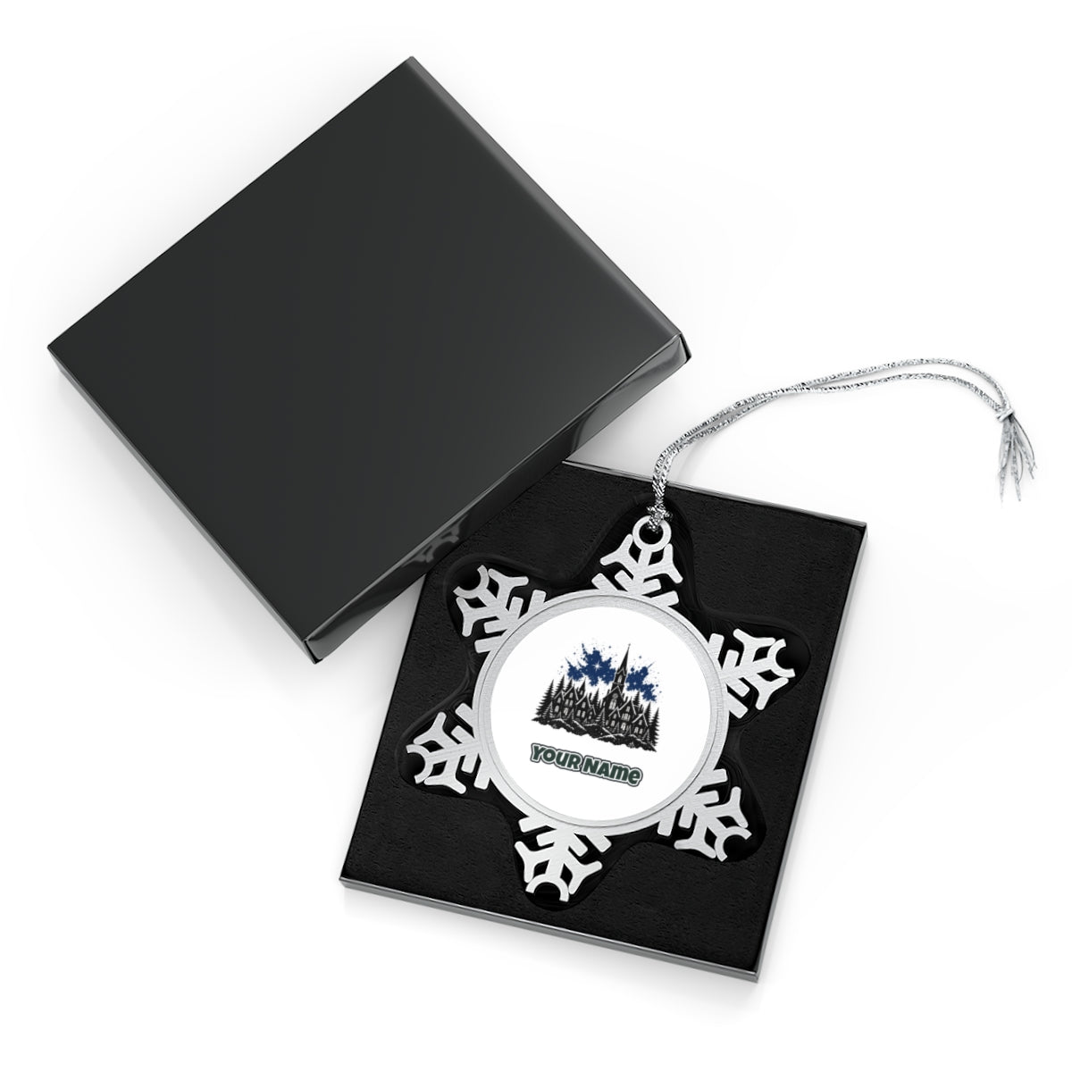 Black Village Church Silhouette Personalised Pewter Christmas Ornament