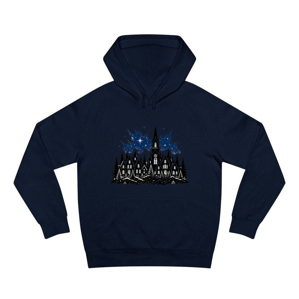 Black Village Church Silhouette personalised Christmas hoodie in navy