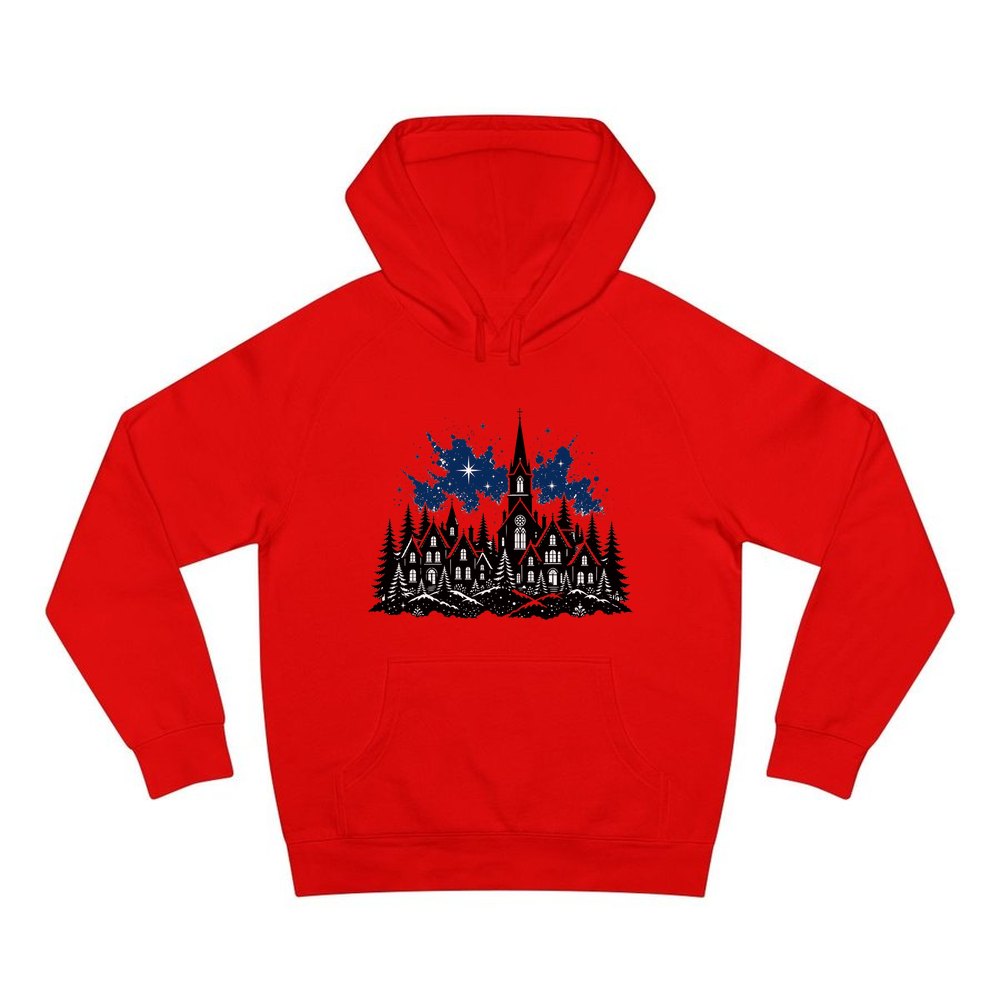 Black Village Church Silhouette personalised Christmas hoodie in red