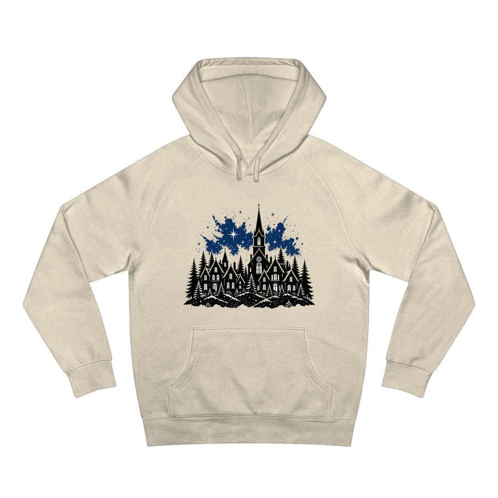 Black Village Church Silhouette personalised Christmas hoodie in sand