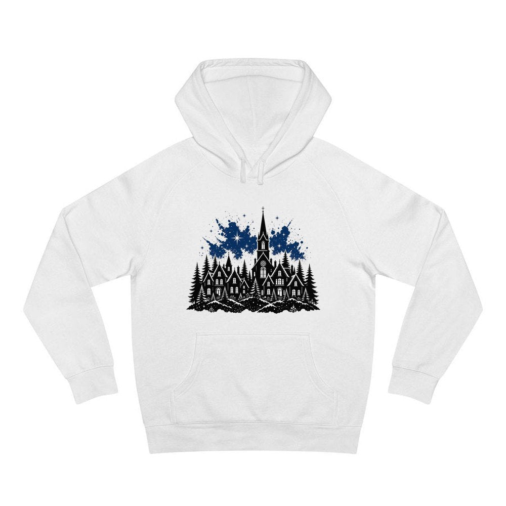 Black Village Church Silhouette personalised Christmas hoodie in white