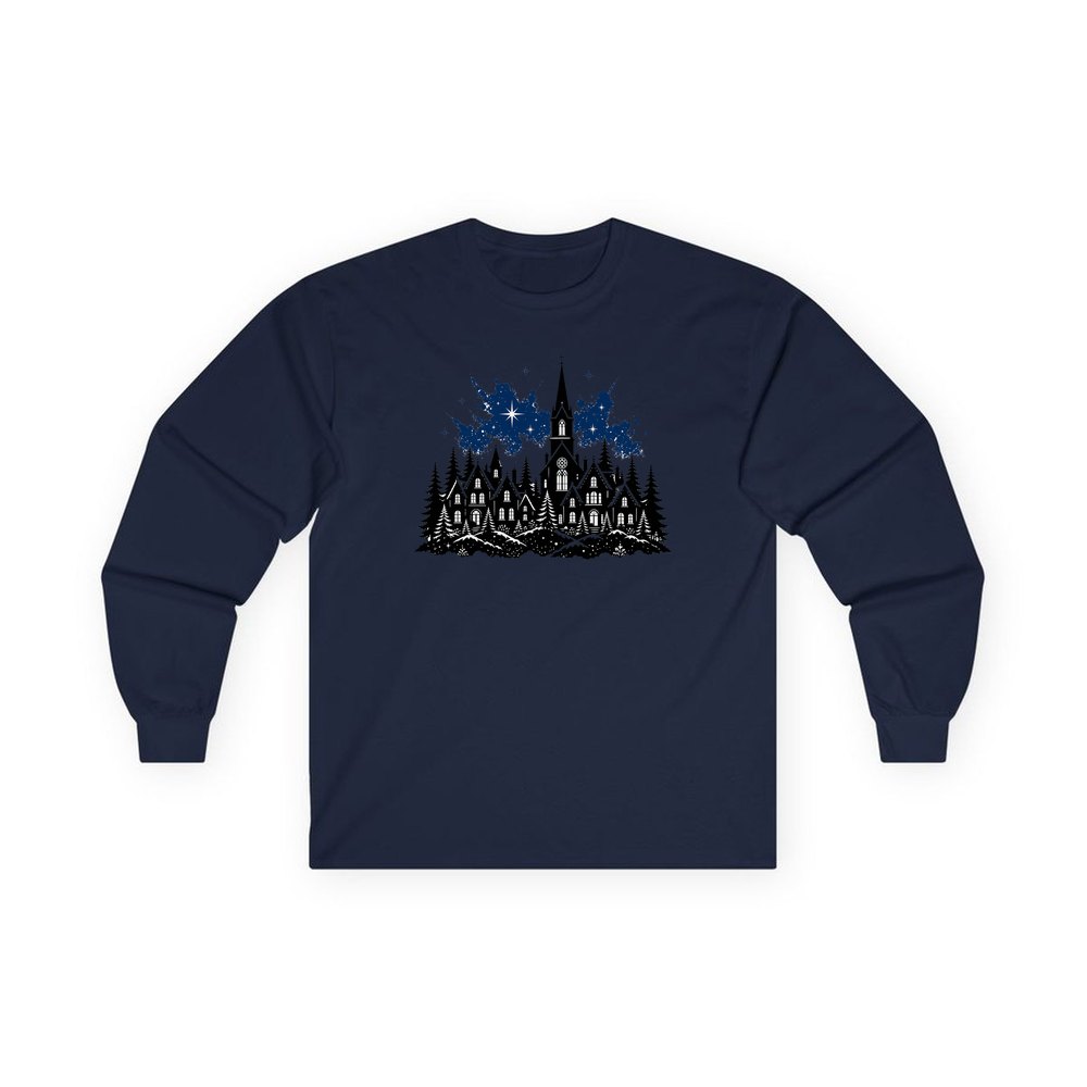 Black Village Church Silhouette personalised long sleeve Christmas T-shirt in navy