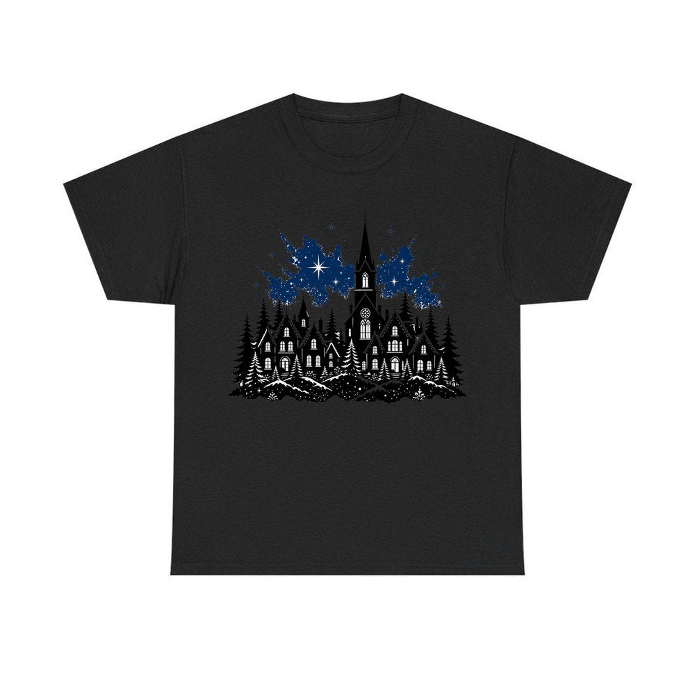 Black Village Church Silhouette personalised Christmas T-shirt in black